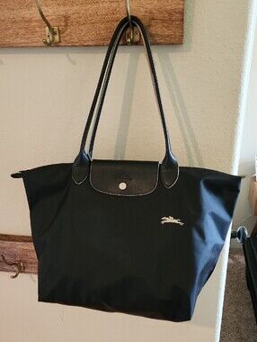EUC, Longchamp Le Pliage Black Nylon Tote with Leather Trim